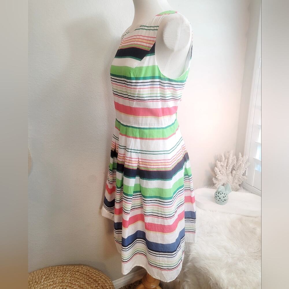 TOMMY HILFIGER White Neon Striped Cotton Pleated Fit & Flare Dress Pleated - Picture 8 of 16